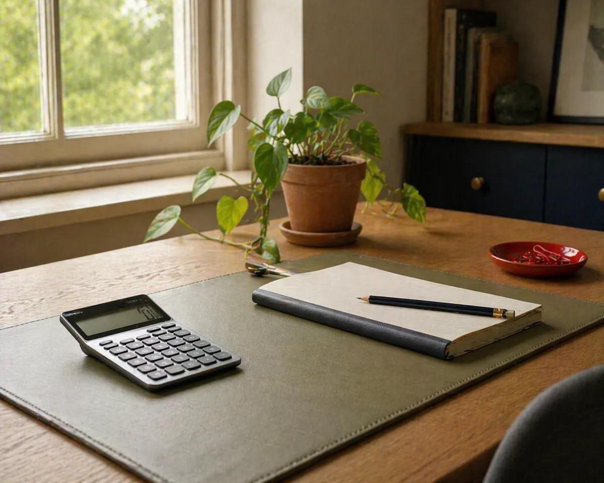Calculator and notebook on an oak desk for director pay planning.