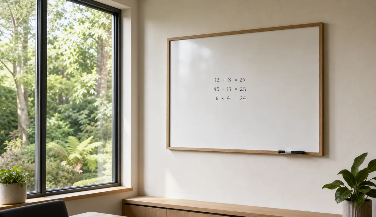 Whiteboard with simple sums beside a window overlooking a leafy garden.