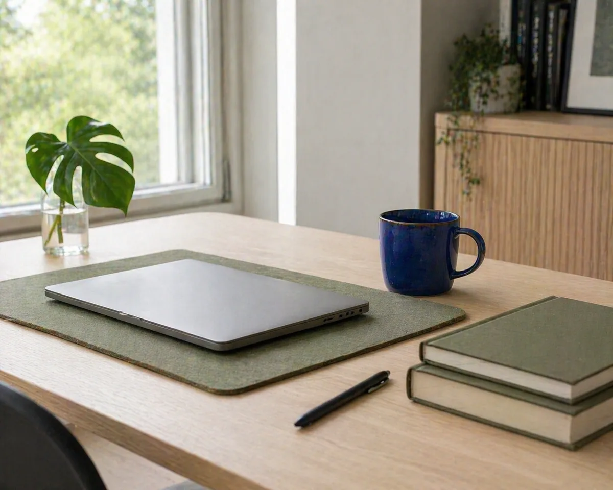 Open laptop on a working desk in cobalt-blue light, a monstera plant by the window and a notebook beside the keyboard.