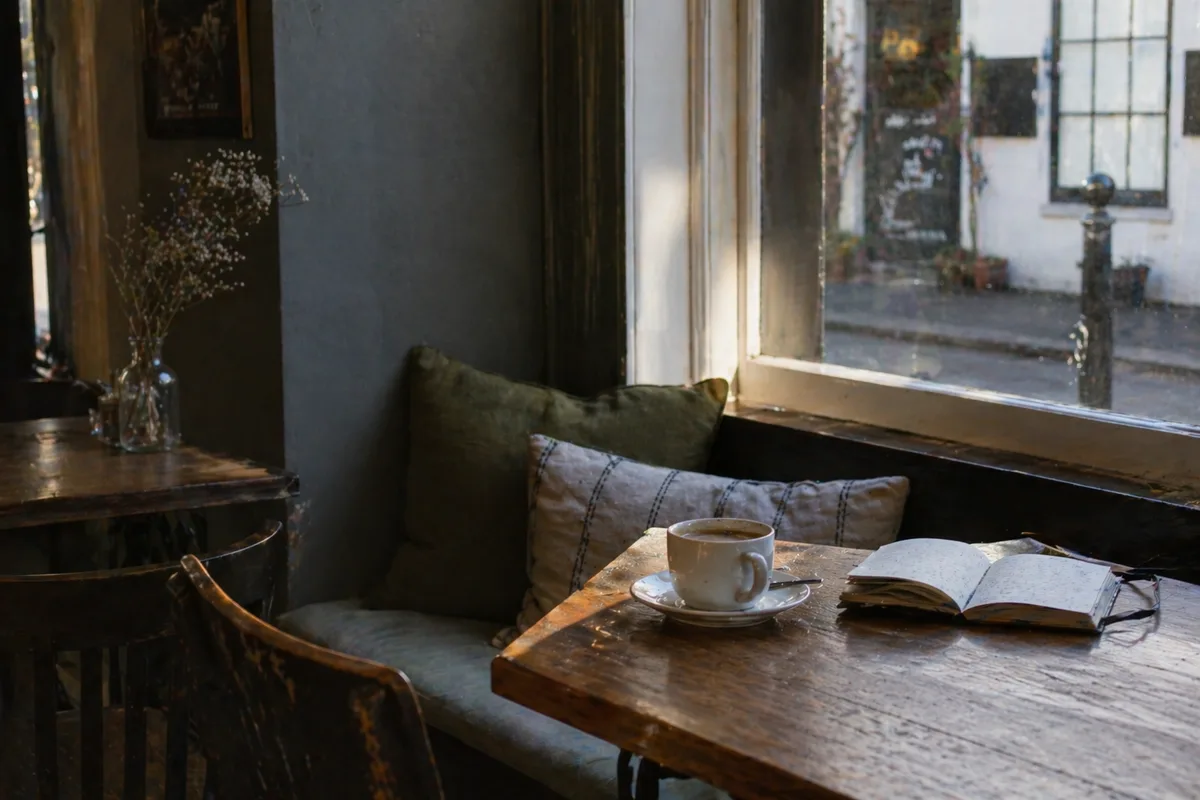 Quiet cafe table with a coffee cup and open diary.