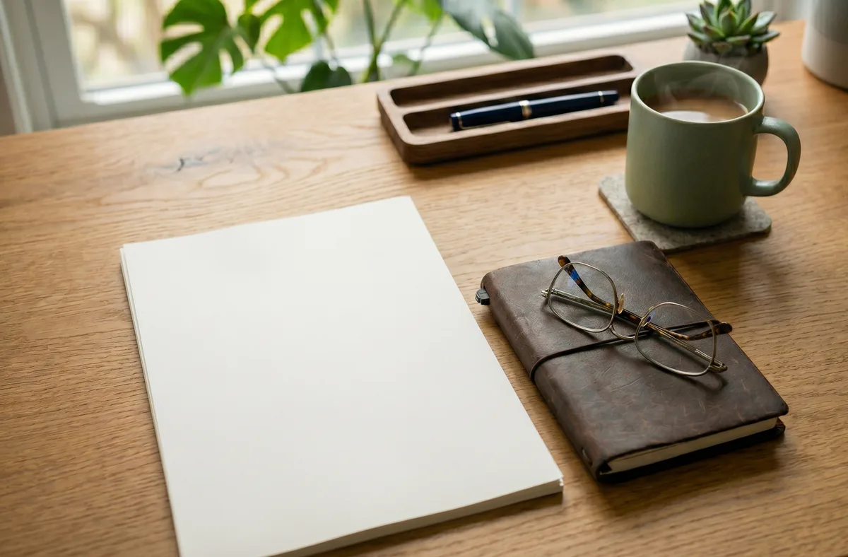 Written fee agreement papers, notebook, pen and mug on a wooden desk.