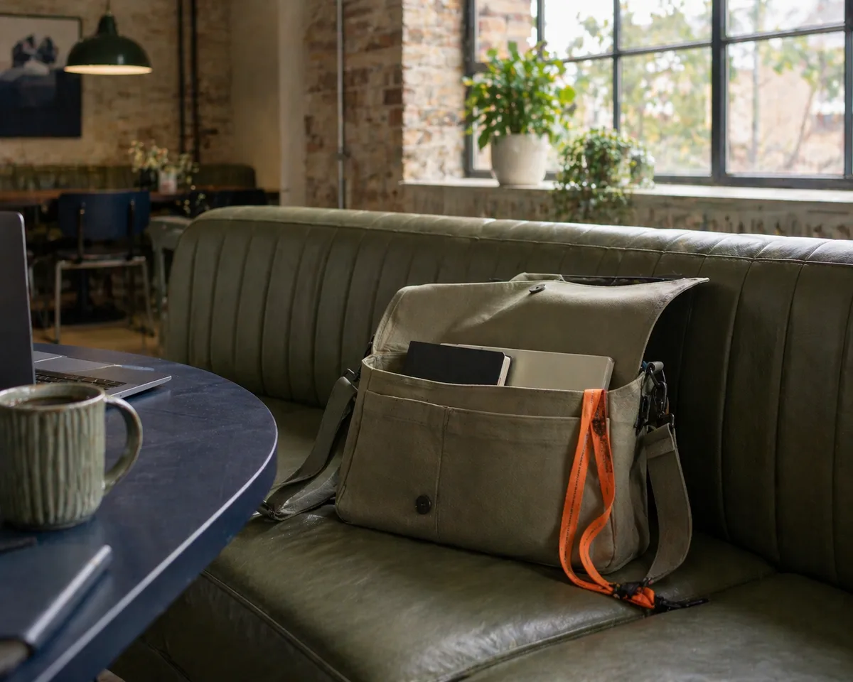 Messenger bag on a cafe banquette in a co-working space.
