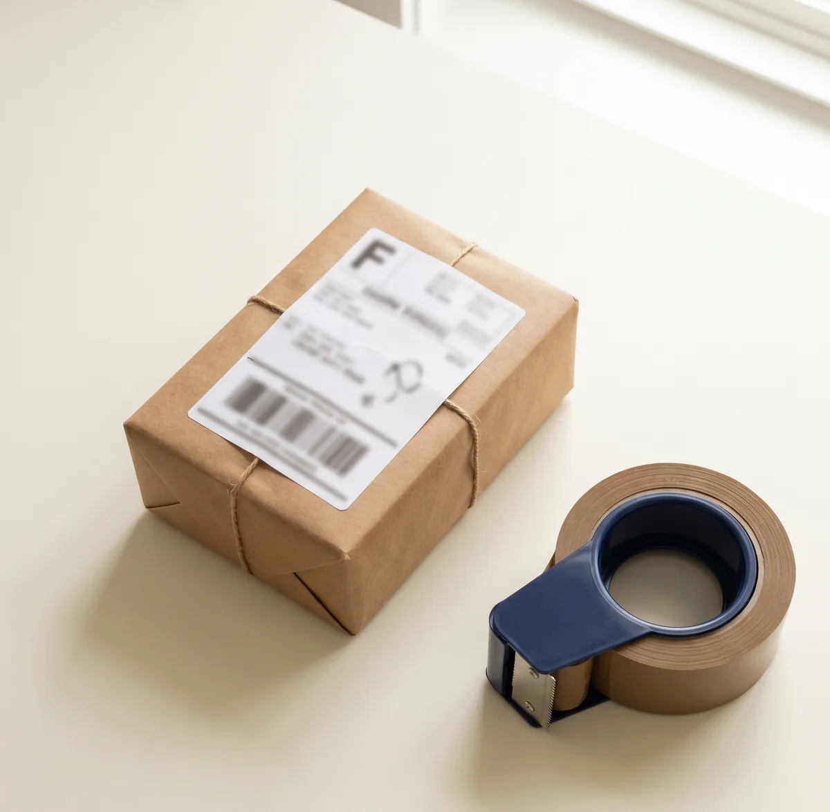 A stacked parcel with a shipping label and a tape dispenser on a packing bench.