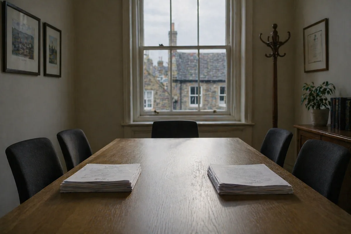 Oak boardroom table with papers beside a UK town street.