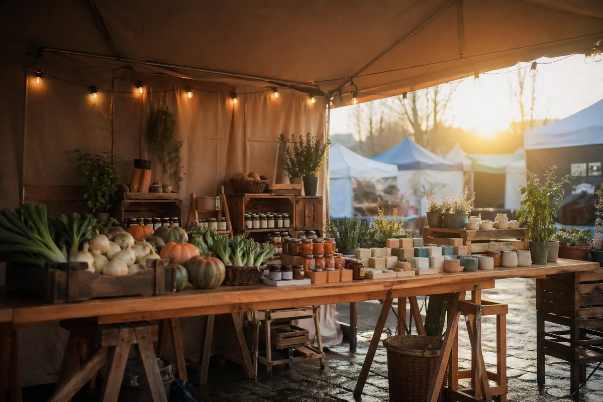 Small market stall with vegetables, preserves and pottery.