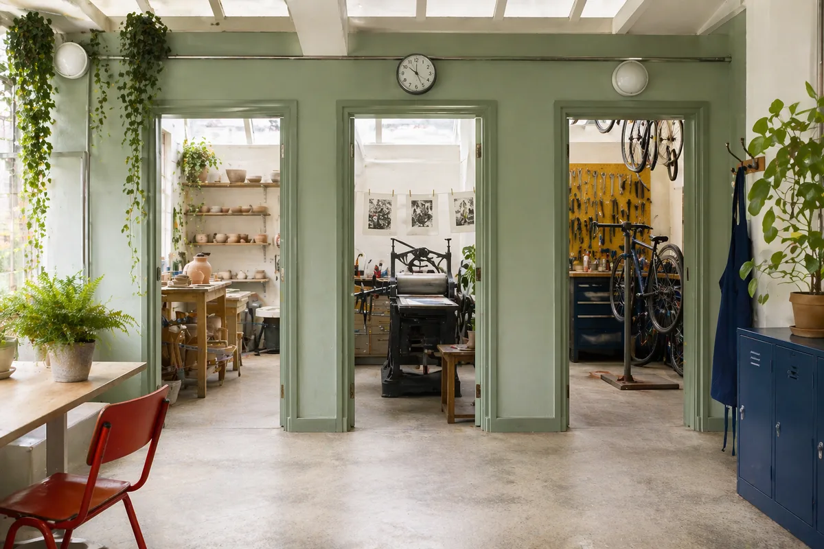 Three small workshop doors for a florist, tailor and bakery.