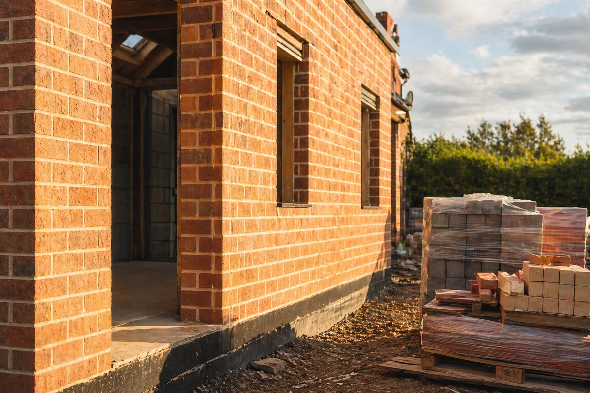 New brick extension under construction in warm afternoon light, pallets of materials stacked beside a freshly built wall.