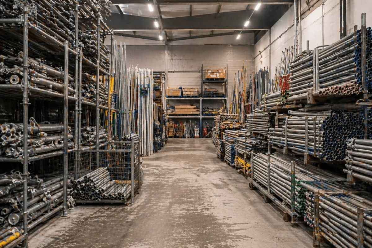Organised UK scaffolding depot, racks of steel poles and boards under bright strip lighting, ready for site.