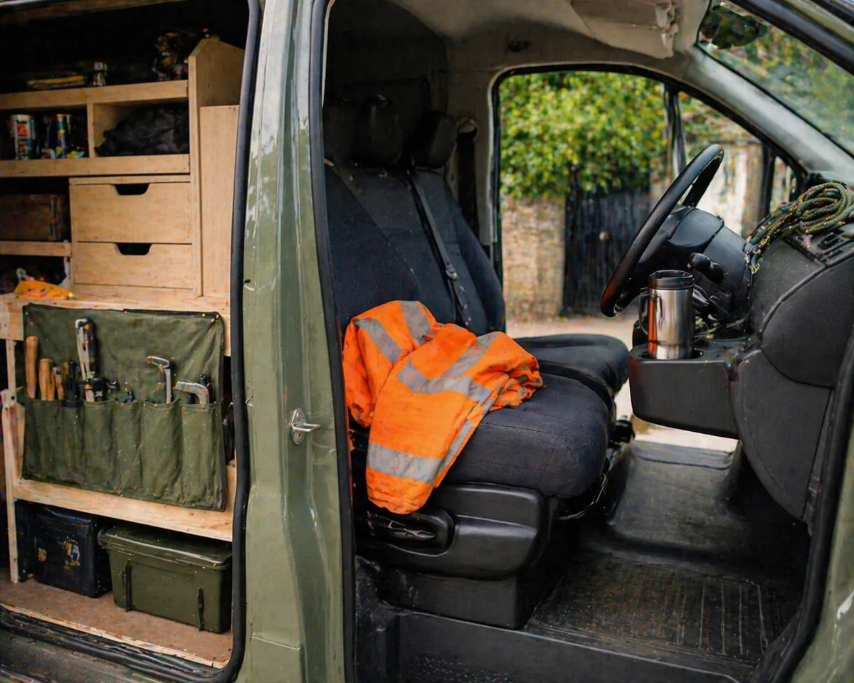 Interior of a tradesperson's van at the start of the day, hi-vis jacket and tools laid out ready for site.