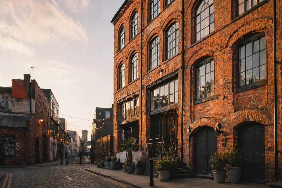 Victorian brick warehouse street in a British city at golden hour, cobblestones, string lights and planted doorways.