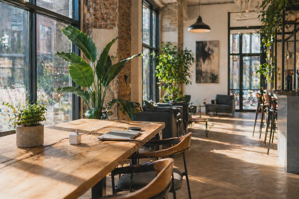 Bright co-working cafe space with large industrial windows, lush plants, wooden tables and warm afternoon light.