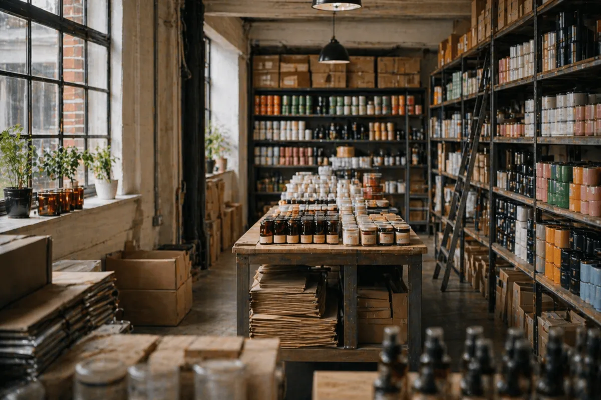 UK independent product stockroom with shelves of colourful packaged goods, industrial windows and warm natural light.