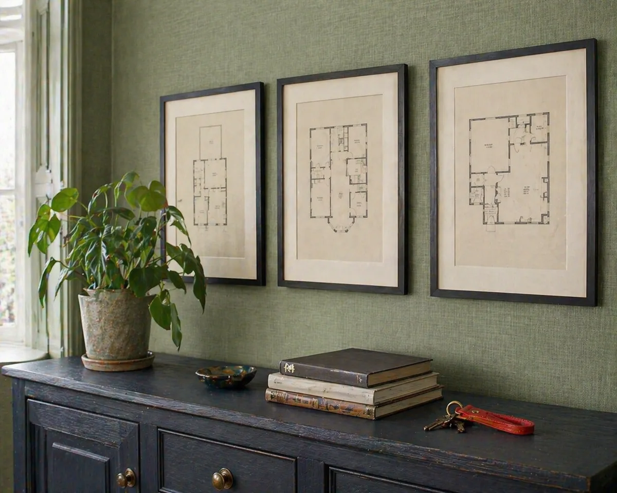 Property floorplans, tape measure, keys and coffee on a table.