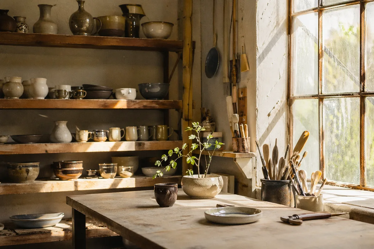 Ceramics studio workbench with finished stoneware on wooden shelves and tools in a pot, warm afternoon window light
