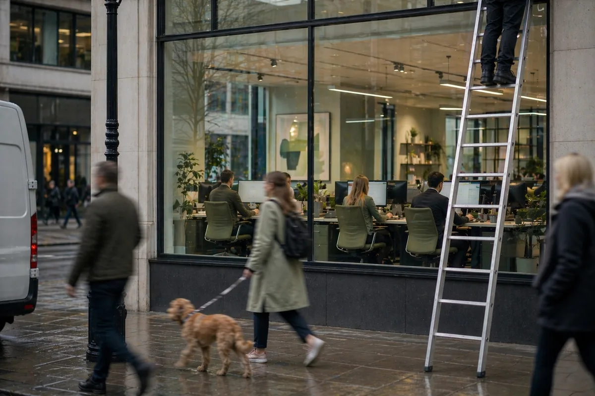 Modern UK accountancy workspace seen from a wet city street.