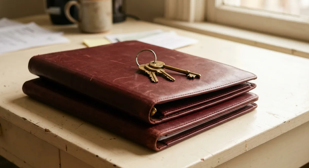 Keys on a leather property folder beside rental papers and a window.