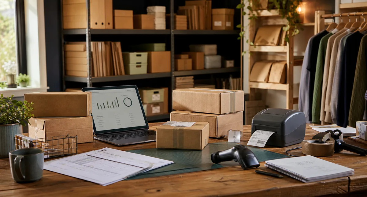 Unbranded e-commerce packing bench with parcels, stock records, label printer and laptop.