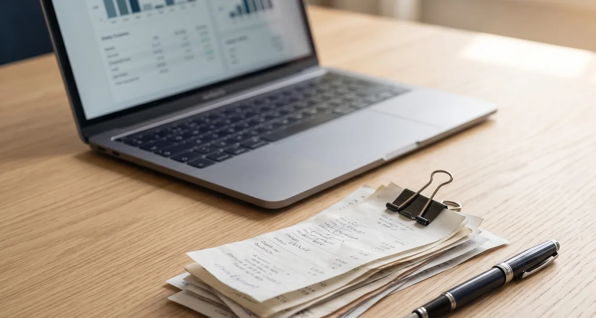 Overhead desk scene with a laptop, a clipped bundle of receipts and a pen