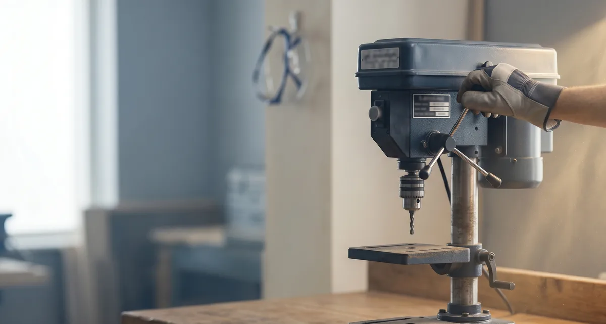 Workshop bench drill with a gloved hand operating the lever in natural workshop light