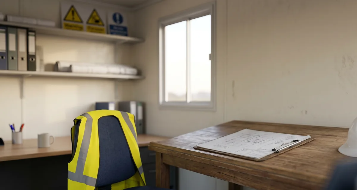Construction site office container interior with hi-vis, hard hat and site paperwork on a plan table