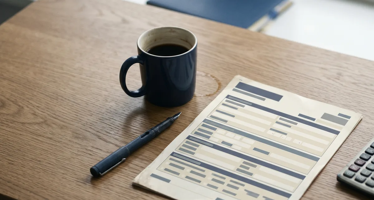Stylised corporation-tax form on a desk with a calculator, pen and coffee mug