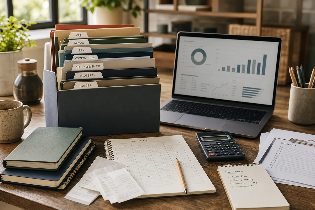 Tabbed tax and accounting guide folders with a laptop, calculator, planner and receipts.