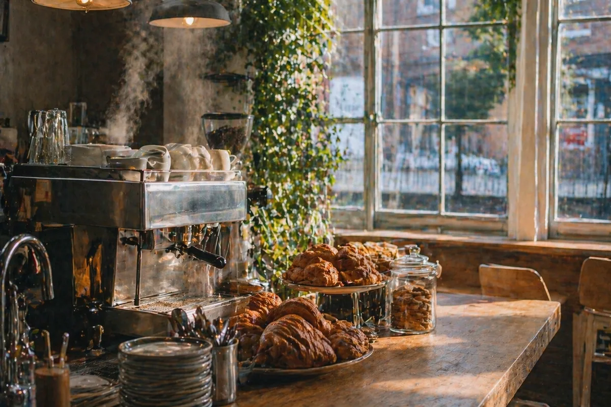 Independent cafe counter with an espresso machine, freshly baked pastries and ivy-framed windows in morning light