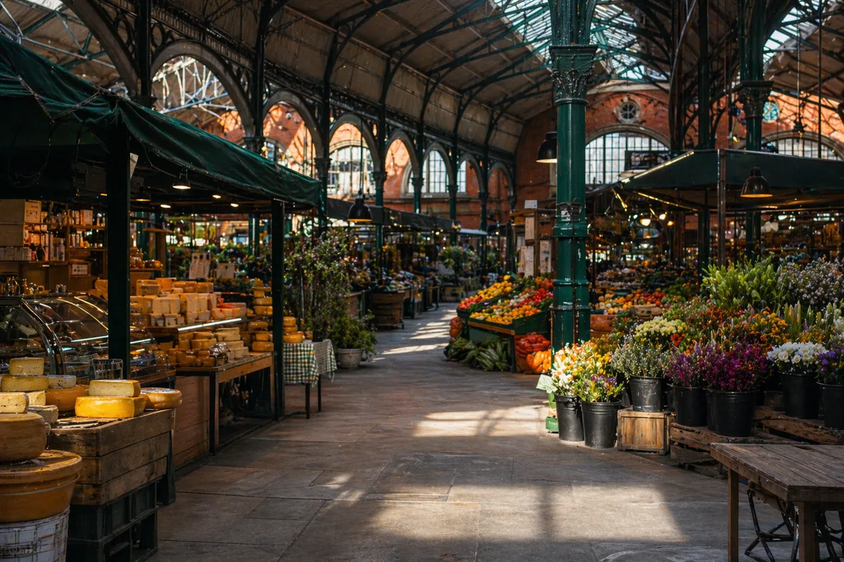 Victorian covered market hall with flower stalls, whole cheeses and fresh produce under ornate cast iron columns