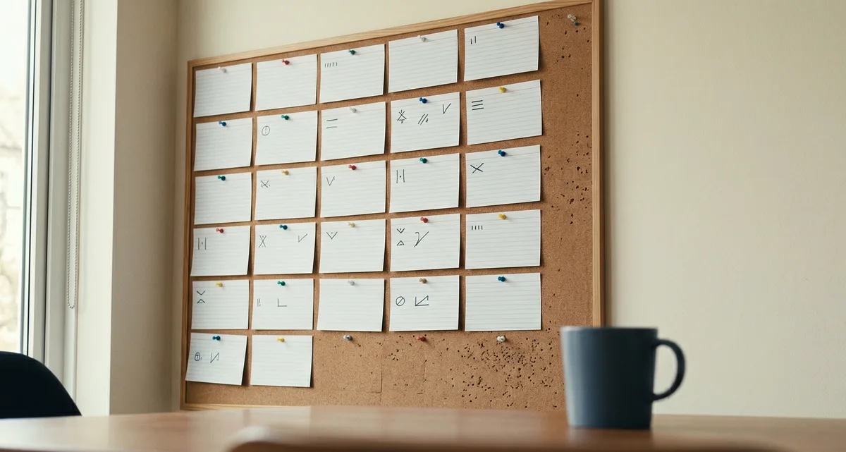 Wall-mounted corkboard with anonymous cards in a pay-cycle rota and a mug on the desk in the foreground