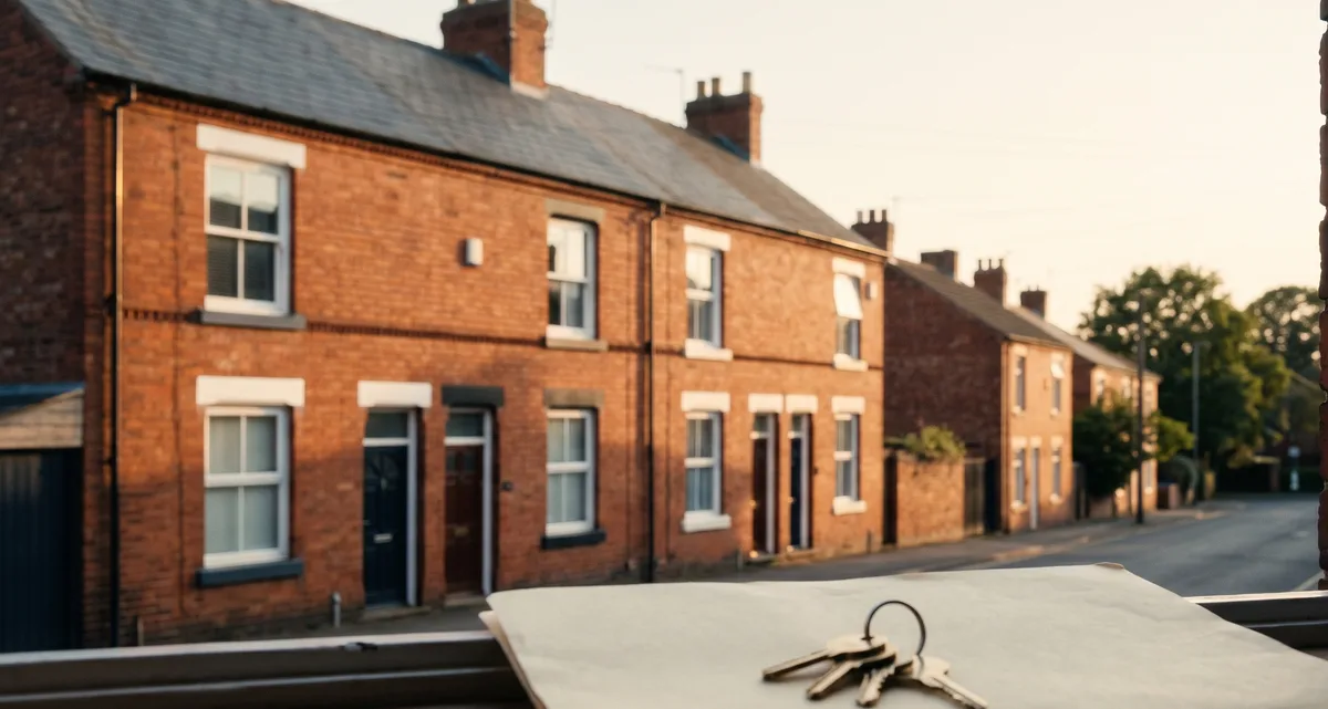 UK Victorian-terrace brick houses at golden hour with a set of keys on a plain folder on a windowsill