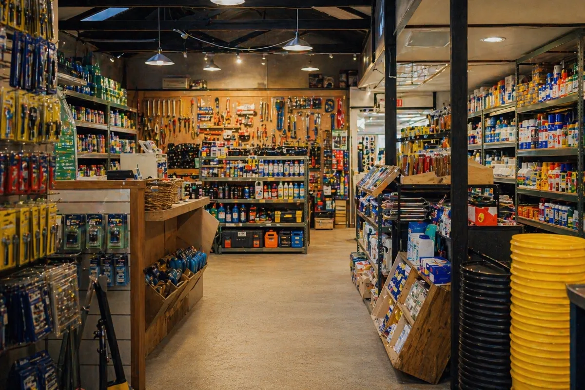 Interior of an independent trade and hardware shop with tools, brushes and supplies on wall racks and shelves