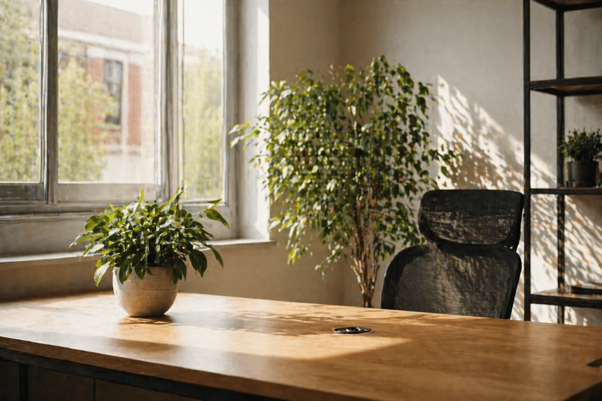 Modern desk with a potted plant and large windows overlooking a street, warm afternoon light