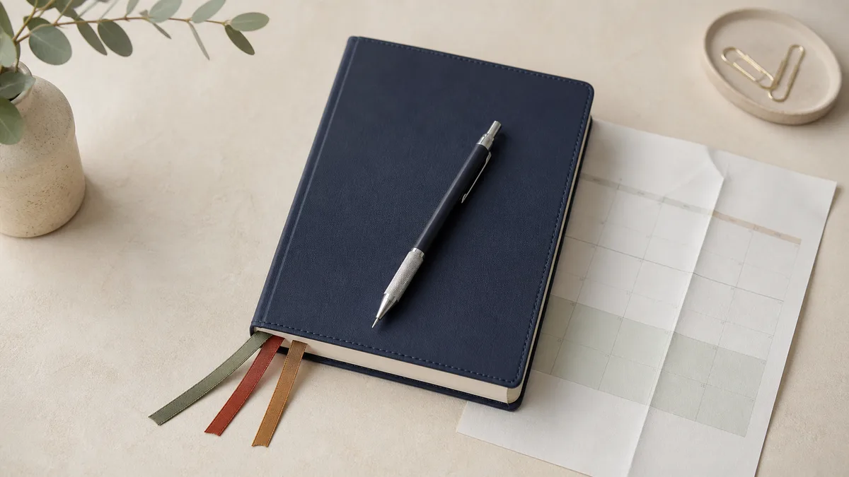Closed year planner with ribbon markers and a pencil on a warm cream desk