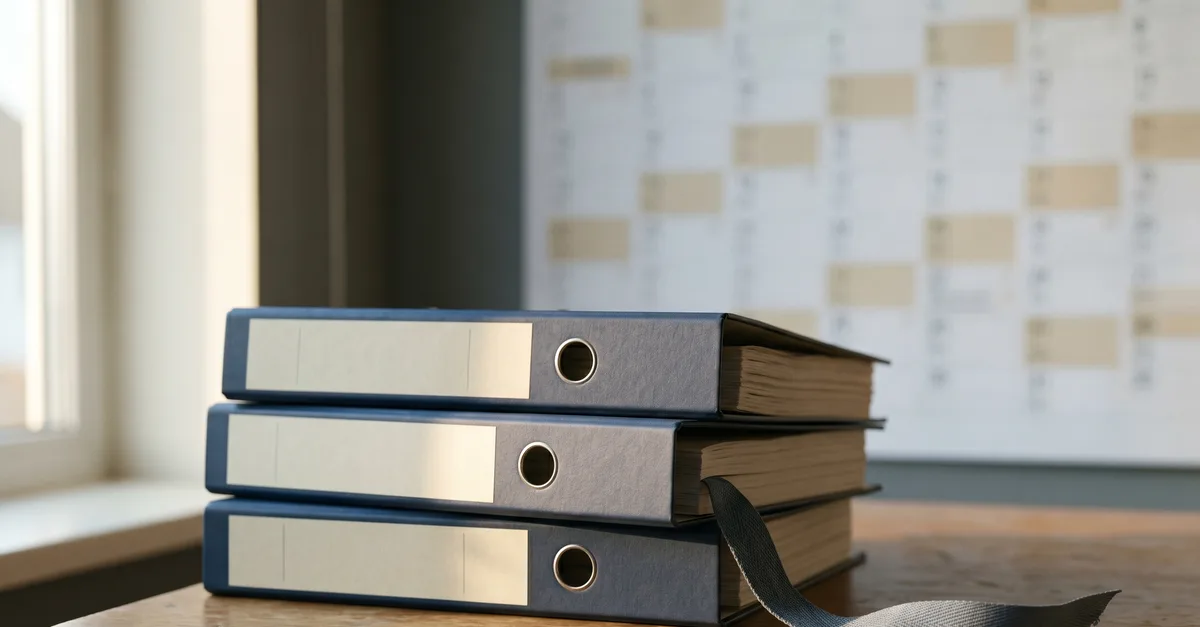 Stack of three blank-spine lever-arch files on a wooden desk with a wall calendar in the background