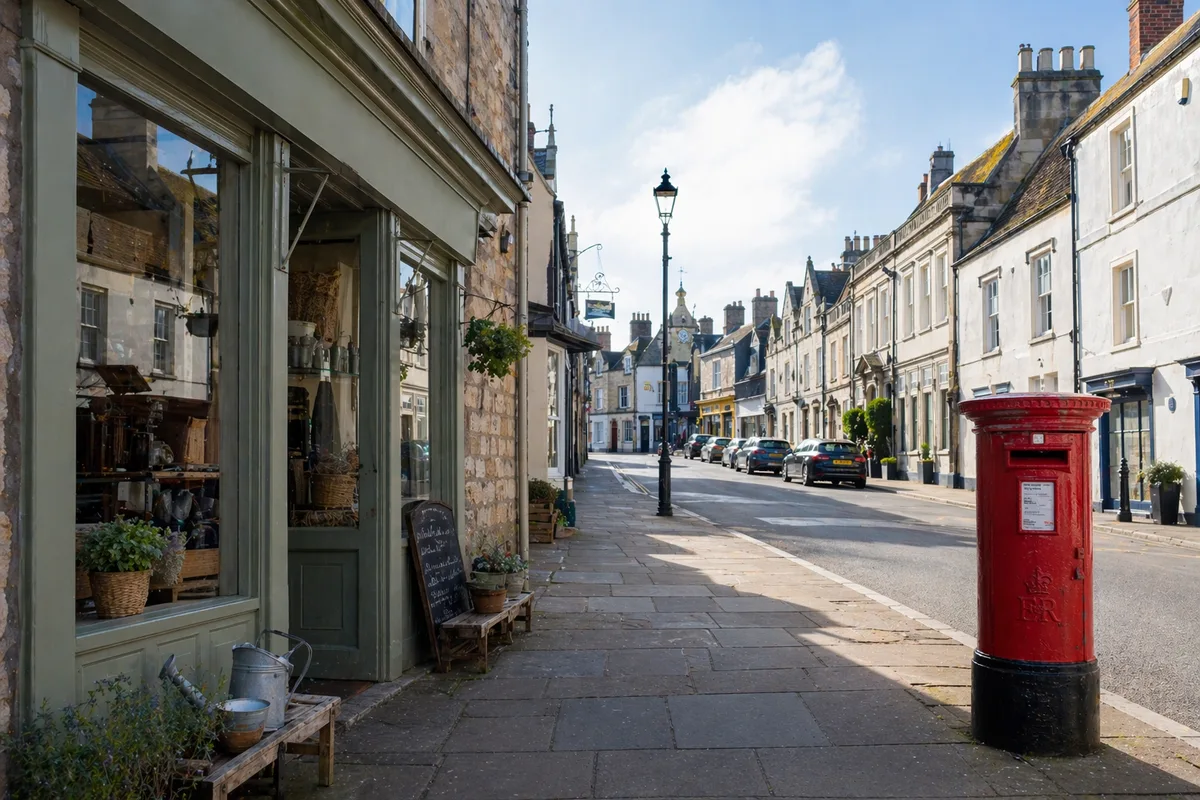 Market town high street with a red post box and independent shopfronts in daylight.