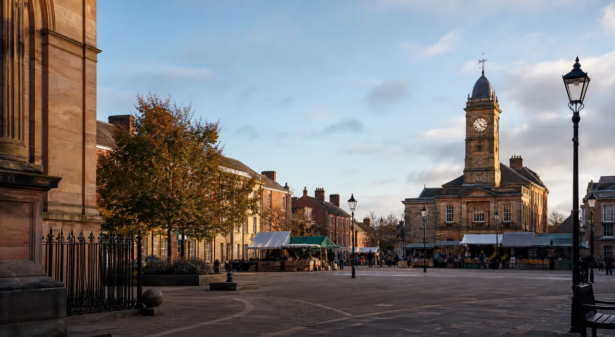 Mansfield market place scene with stalls and stone civic buildings.