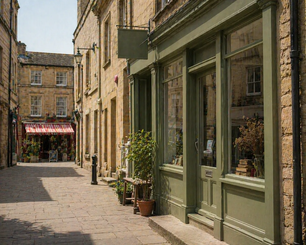 Mansfield sandstone side street with a shopfront and van.