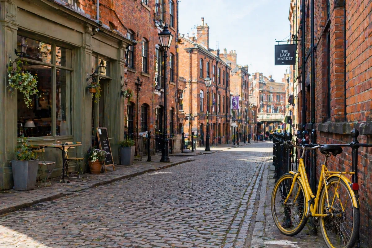Nottingham Lace Market street with a yellow city bike.