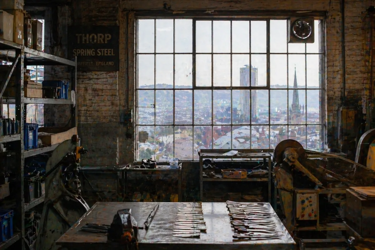 Sheffield industrial workshop with tools and city views.