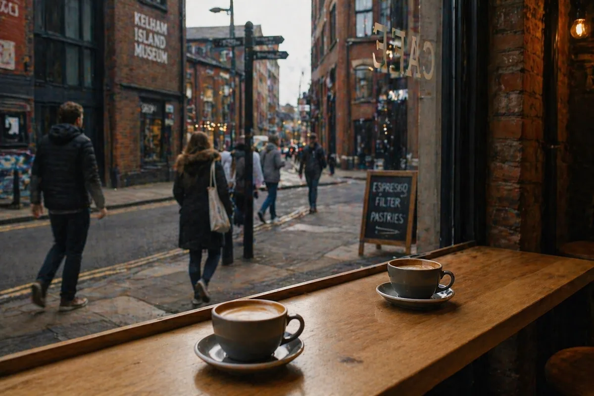 Window table at a Kelham Island coffee shop with two flat whites and the Sheffield street scene beyond the glass.