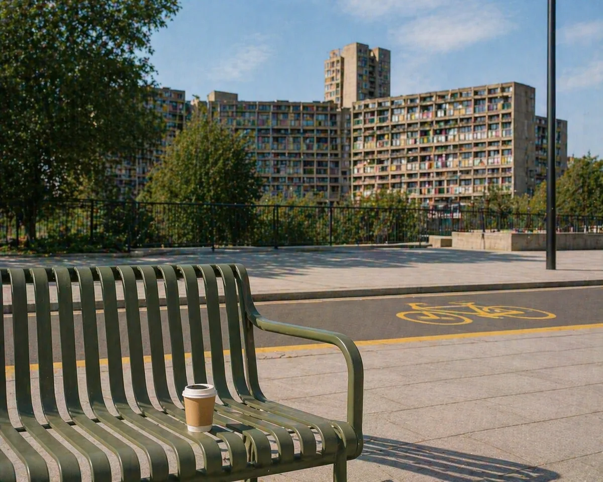 Park Hill in Sheffield seen from a bench nearby.