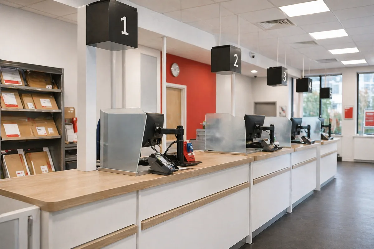 Empty UK service counter with numbered positions, a modern verification and registration desk, clean and efficiently lit.