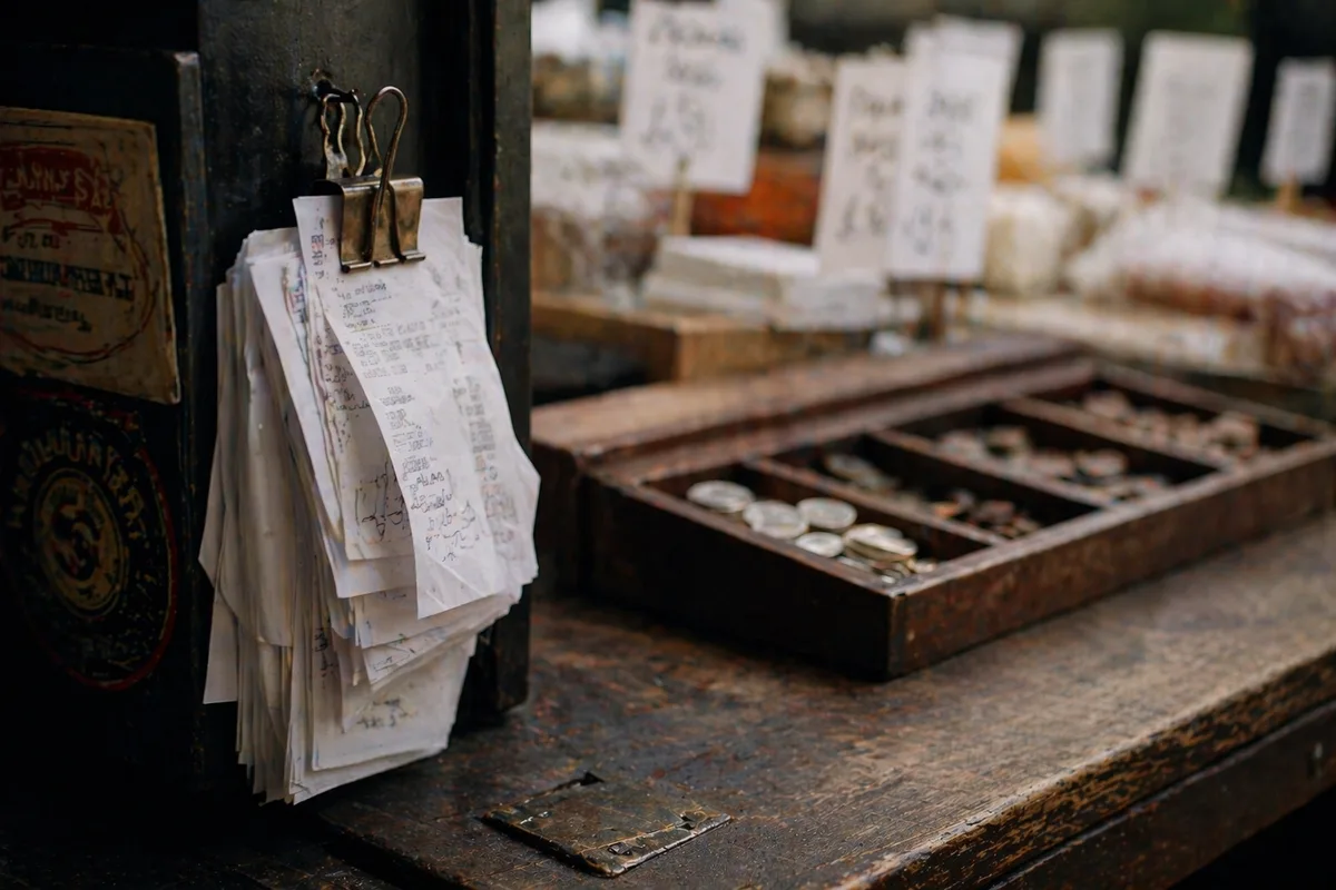 Market stall counter with receipts, coin tray and spice jars.