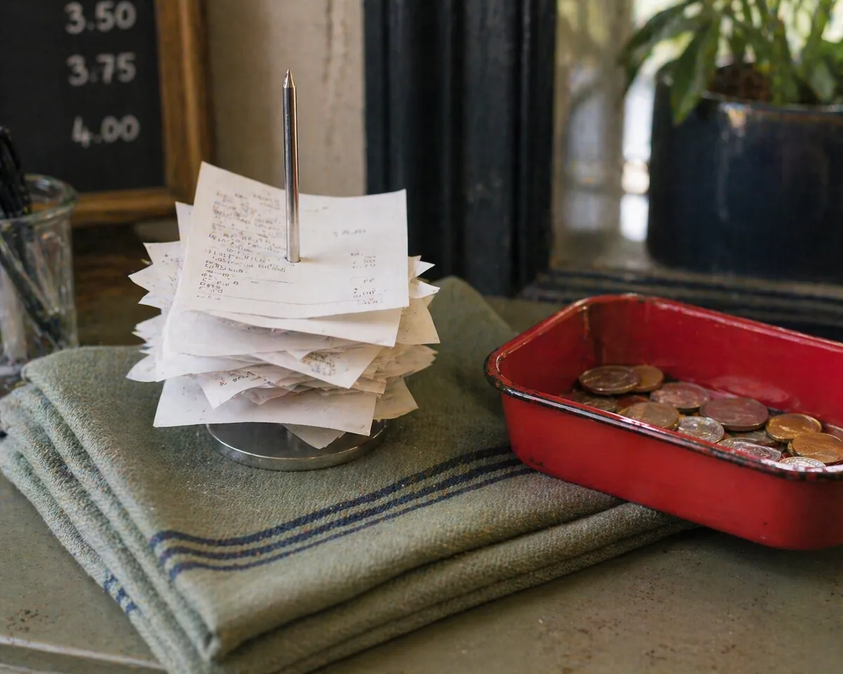 Receipt spike, pencils and supplier receipts on a workbench.