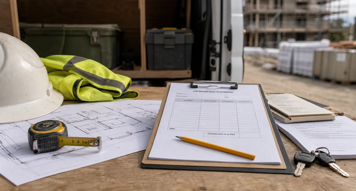 CIS deduction statement, site drawings, hard hat and van keys on a construction workbench.