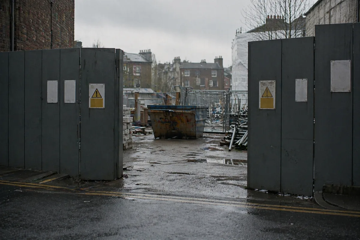 UK construction site entrance on a wet day.