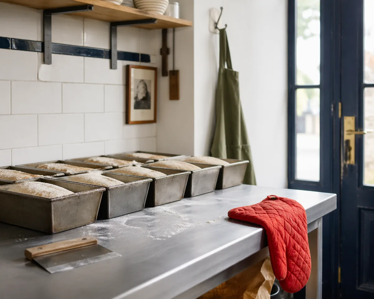 Bakery worktop with bread tins and an apron.