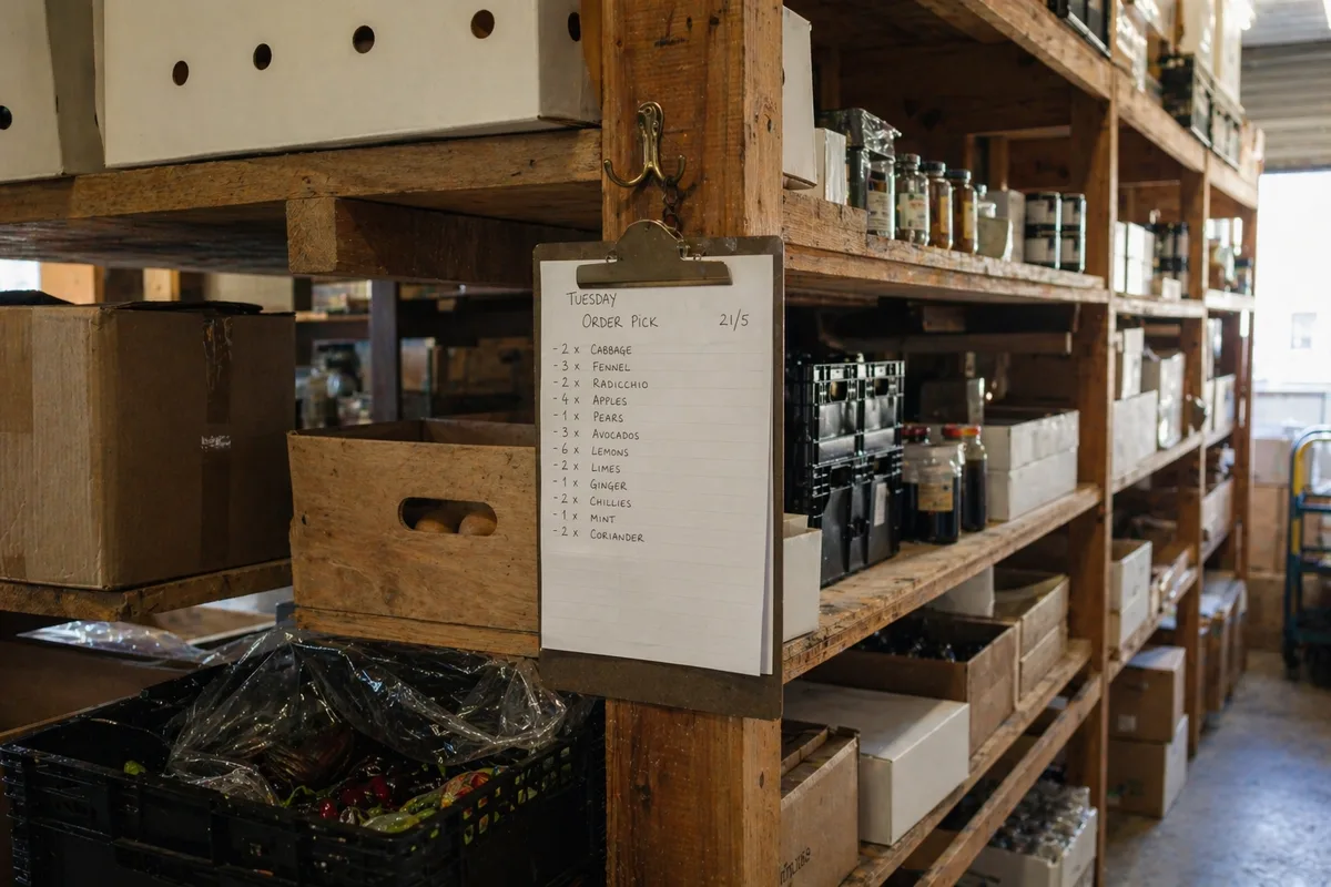 Wholesale storeroom with labelled crates and shelving.