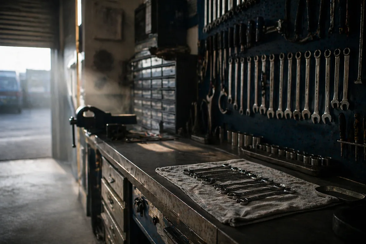 Industrial workshop with tools on a pegboard wall.