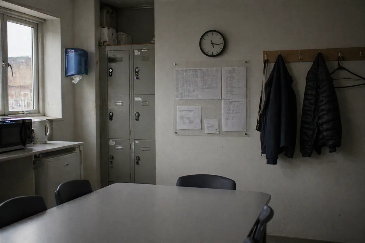Empty staff break room with metal lockers, a wall clock, a printed rota on the wall, and coats on hooks.